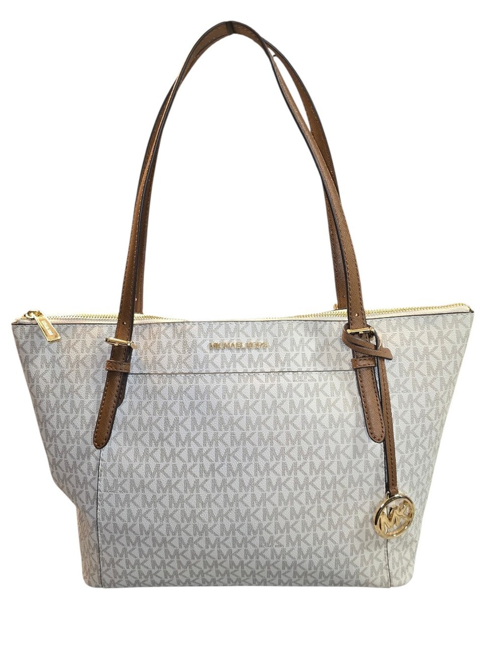 Michael Kors Beige Signature MK Tote with Brown Trim and Gold Hardware